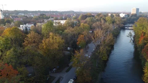 Drone image of isar river flowing into Munich Stock Footage 164952113
