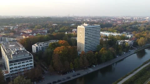 Drone image of isar river flowing into Munich Stock Footage 164952143