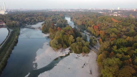 Drone image of isar river flowing into Munich Video stock 164952171