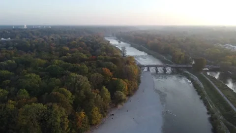 Drone image of isar river flowing into Munich Stock Footage 164952173