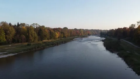 Drone image of isar river flowing into Munich Stock Footage 164953626