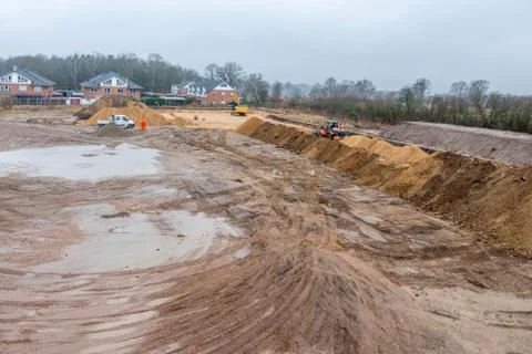 Drone image of a large construction site where the floor is being prepared fo Stock Photos