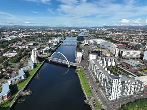 Drone image looking over Squinity Bridge on the River Clyde Glasgow Stock Photos