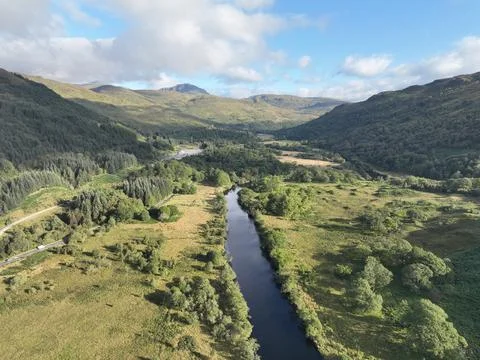Drone Image of River Falloch, Loch Lomond, Scotland Stock-Fotos