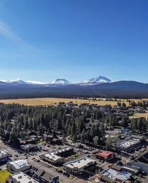 Drone image of Sisters Oregon in the late fall Stock Photos