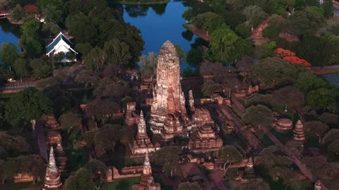 Drone image of Wat Phra Ram ancient ruins and central prang in Ayutthaya Stock Footage 312916605