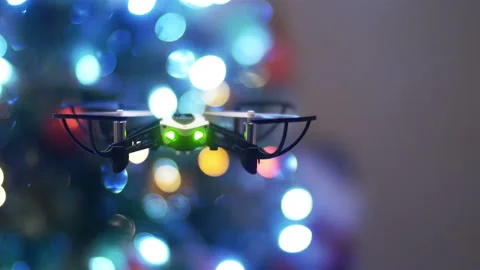 Drone indoor flight : christmas tree bokeh Stock Footage 99546917