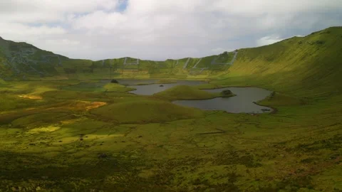 Drone inside of a vulcano, Azores islands. Corvo Stock Footage 302986220