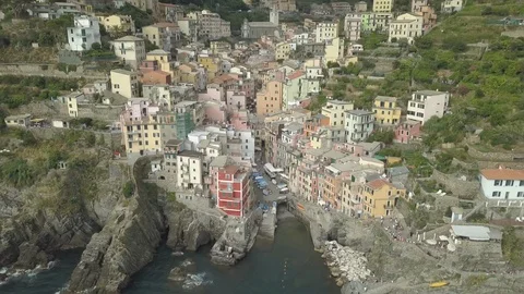 Drone | Italian Coast Town | Tilt Up Reveal (No Color Grade) Stock Footage