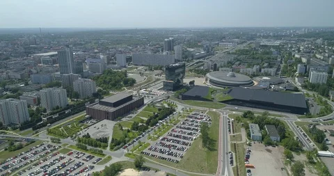 Drone Katowice City Center Panorama Spodek Ufo MCK NOSPR Sun International Stock Footage