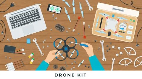 Drone kit. Vector flat illustrations. The hand man working with quadcopter tools Stock Illustration