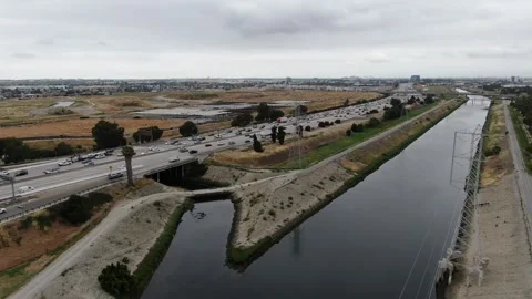 Drone of LA River and 405 Freeway Stock Footage 244244955