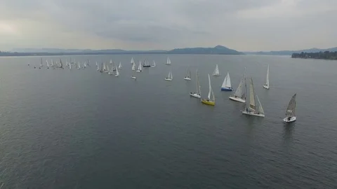 Drone on the Lake with boats and Clouds Stock Footage 75012453