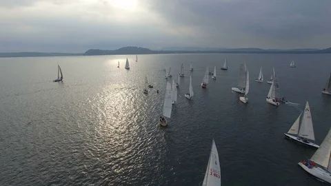 Drone on the lake with boats Stock Footage 75040529