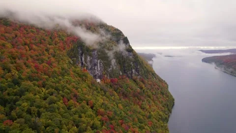 Drone Lake Willoughby Low Clouds Mountain Fall Foliage Colors Stock Footage 255752020