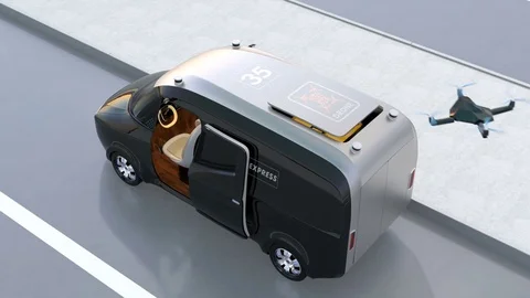 Drone landing to a delivery van Stock Footage 75734713