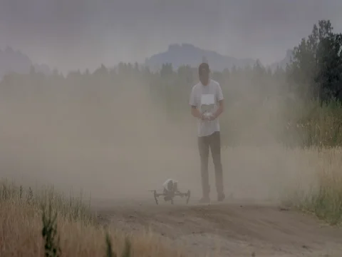 Drone Landing- Dramatic with dust from road Video stock 83237794