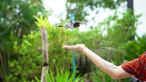 Drone landing on the hand of a man Stock Footage 234861580