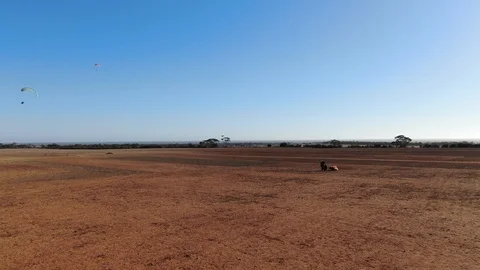 Drone landing showing paramotor view flying close to the ground Video stock 118284717