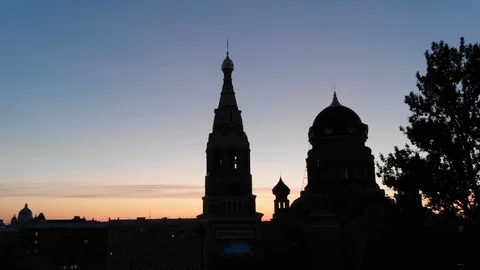 Drone lands down an Orthodox church in Saint Petersburg during sunrise, Russia Stock Footage
