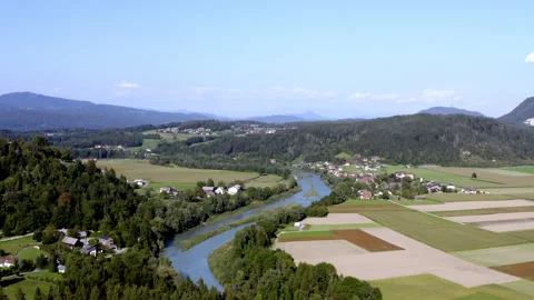 Drone landscape with mountains and river in austria 스톡 동영상 263141960