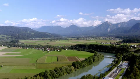 Drone landscape with mountains and river in austria Video stock 263142057