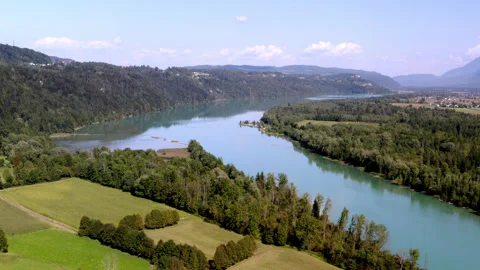 Drone landscape with mountains and river in austria Video stock 263142177