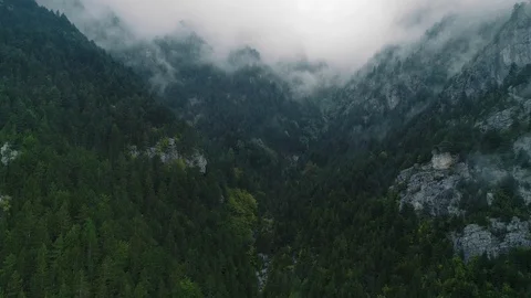 Drone landscape view of misty forest and mountains near Olympus, Greece Stock Footage 87944354