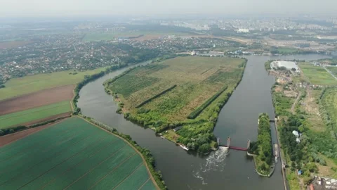 Drone lateral flight over river landscape Stockbeeldmateriaal 325140451