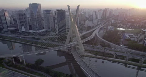 Drone left to right Ponte estaiada São Paulo sunrise Stock Footage 231801548