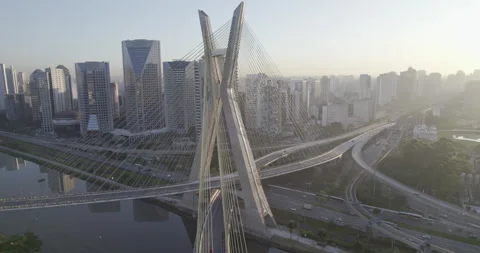 Drone left to right Ponte estaiada São Paulo sunrise Stock Footage 231805531