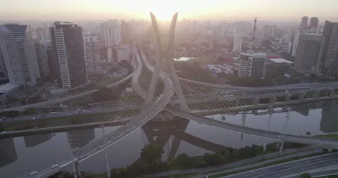 Drone left to right Ponte estaiada São Paulo sunrise Stock Footage 231814196