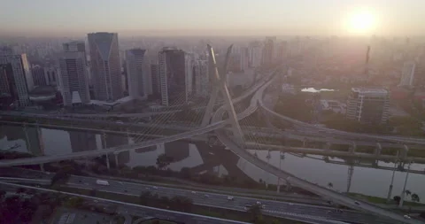 Drone left to right Ponte estaiada São Paulo sunrise Stock Footage 231815581
