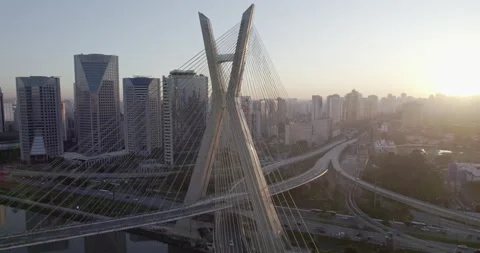 Drone left to right Ponte estaiada São Paulo sunrise Stock Footage 231816465