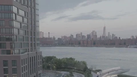 Drone Level Establishing Shot of New York Apartment at Dawn with Distant Sky Stock-Footage 326705589