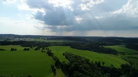 Drone Lift Up - Sky breaks down at a summer Day at Countryside Stock Footage 112037254