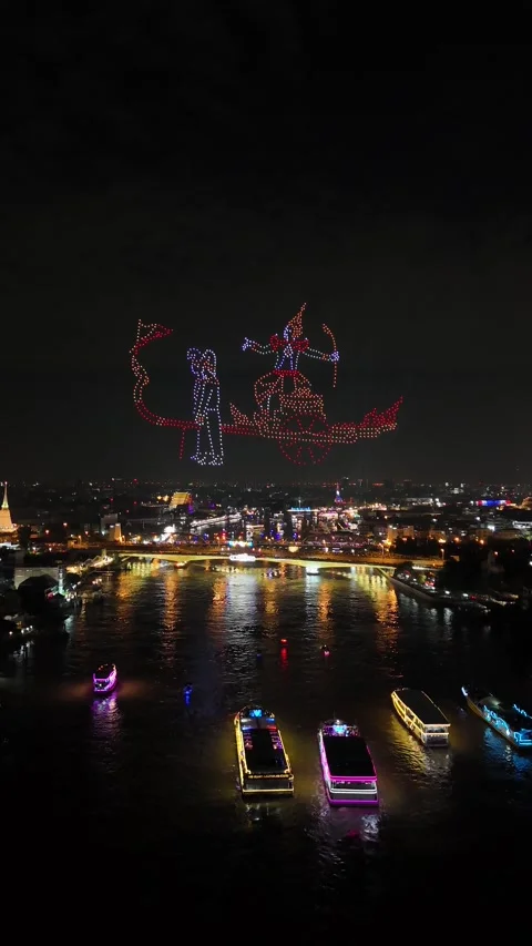 Drone Light Show Creating Thai Cultural Figures Over Bangkok City River, Stock Footage 335969725