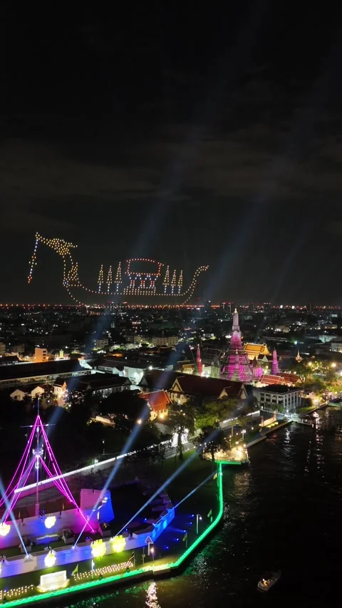 Drone Light Show Forming Royal Barge in Bangkok, Thailand Video stock 335839790
