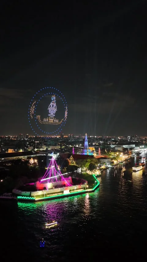 Drone Light Show Forming Royal Barge in Bangkok, Thailand Stock-Footage 335839844