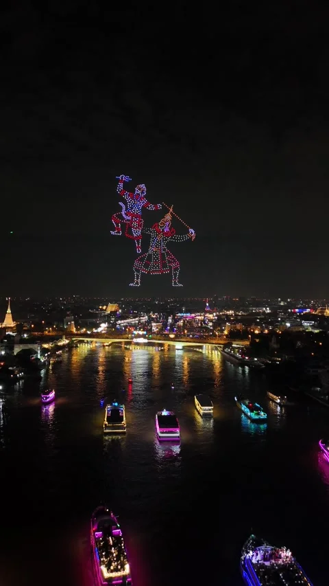 Drone Light Show Forming Thai Deities Over Bangkok, Thailand Stock Footage 335970053