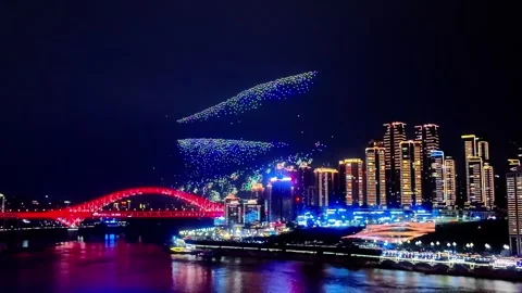 Drone Light Show Over The Confluence Of The Yangtze And Jialing Rivers In Vídeos de archivo 336800439