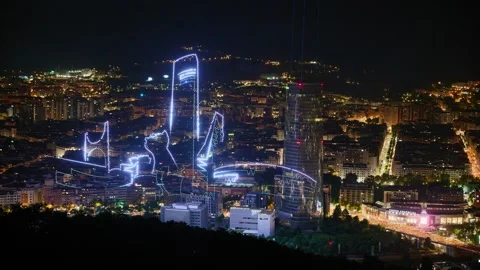 Drone light show performance over the Bilbao skyline at night Stock Footage 336951654