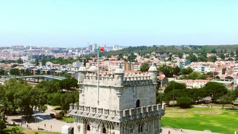 Drone Lisbon 4k. Belem Tower, Torre de Belem landmark in capital of Portugal.  Stock Footage 224529302
