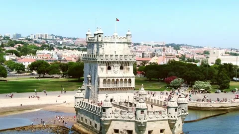 Drone Lisbon 4k. Belem Tower, Torre de Belem in Portugal's capital.  Stock Footage 224529432