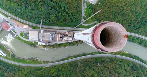 Drone looking vertically down from top of tallest chimney stack in Europe Video stock 125438172