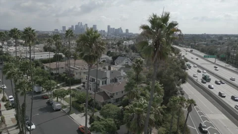 Drone Los Angeles freeway skyline Stock Footage 285259357