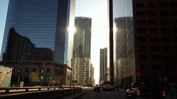Drone low angle aerial shot of skyscrapers in downtown Los Angeles  Stock Footage 86130504