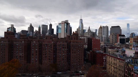 Drone low angle shot of iconic Manhattan NYC skyline skyscrapers buildings NYC Stock Footage 122535252