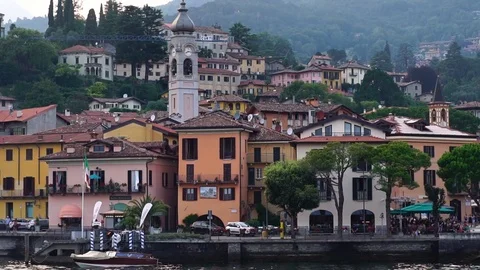Drone low angle shot. Menaggio Italy. Lake Como. Alp mountains. Summer travel Stock Footage 125878816