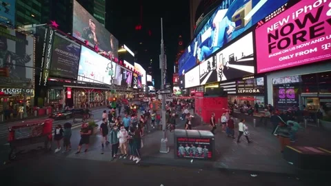 Drone low angle shot of night NYC street Times Square in Manhattan New York City Stock Footage 163676775